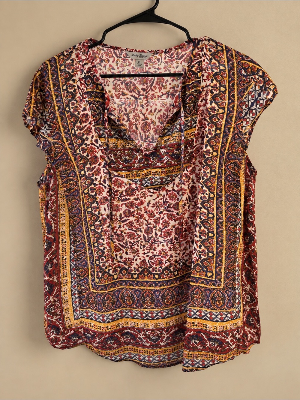Lucky Brand Burgundy, Mustard and Navy Boho Printed Cap-Sleeve Blouse